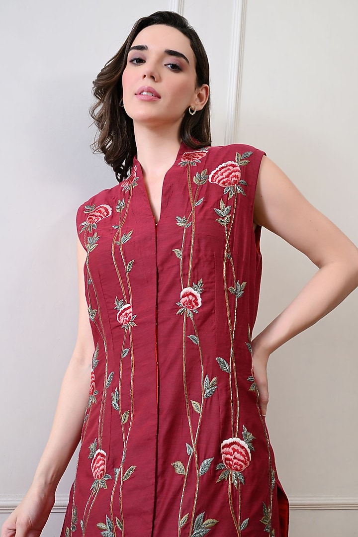 Maroon Net Silk Thread Embroidered Jacket Set by Samant Chauhan at Pernia's Pop Up Shop
