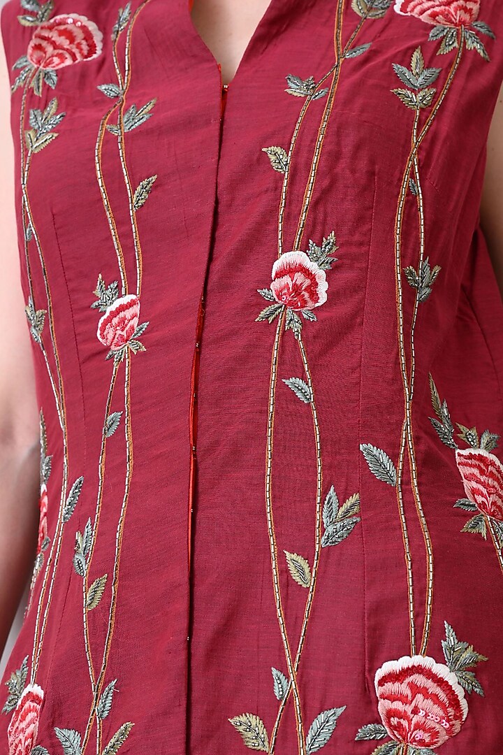 Maroon Net Silk Thread Embroidered Jacket Set by Samant Chauhan at Pernia's Pop Up Shop