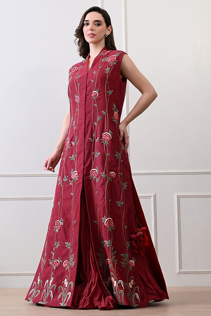 Maroon Net Silk Thread Embroidered Jacket Set by Samant Chauhan at Pernia's Pop Up Shop