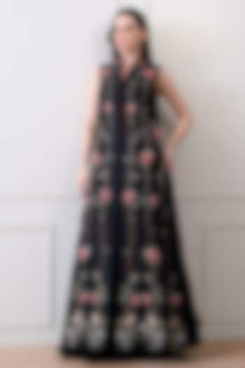 Black Net Silk Thread Embroidered Jacket Set by Samant Chauhan at Pernia's Pop Up Shop