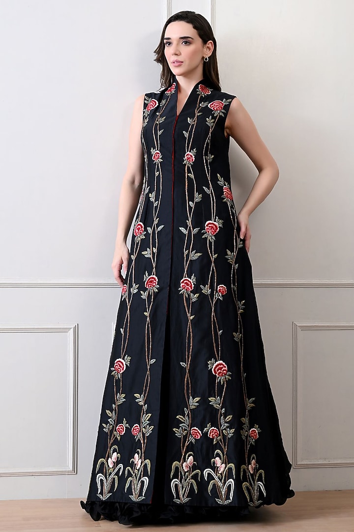 Black Net Silk Thread Embroidered Jacket Set by Samant Chauhan at Pernia's Pop Up Shop
