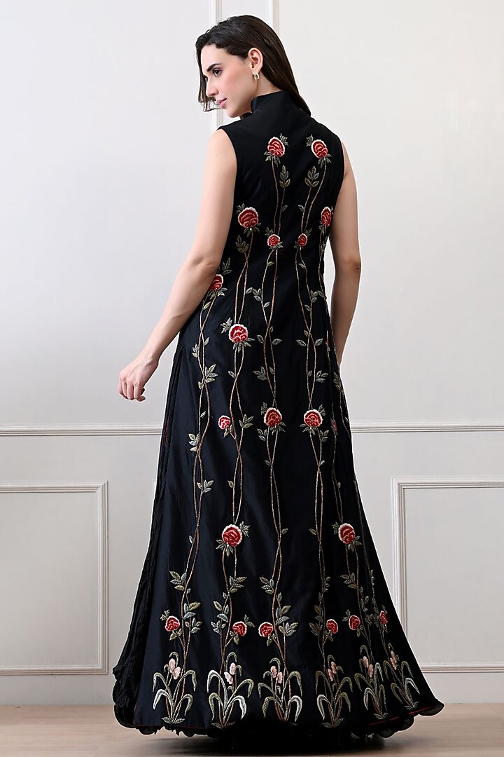 Black Net Silk Thread Embroidered Jacket Set by Samant Chauhan at Pernia's Pop Up Shop