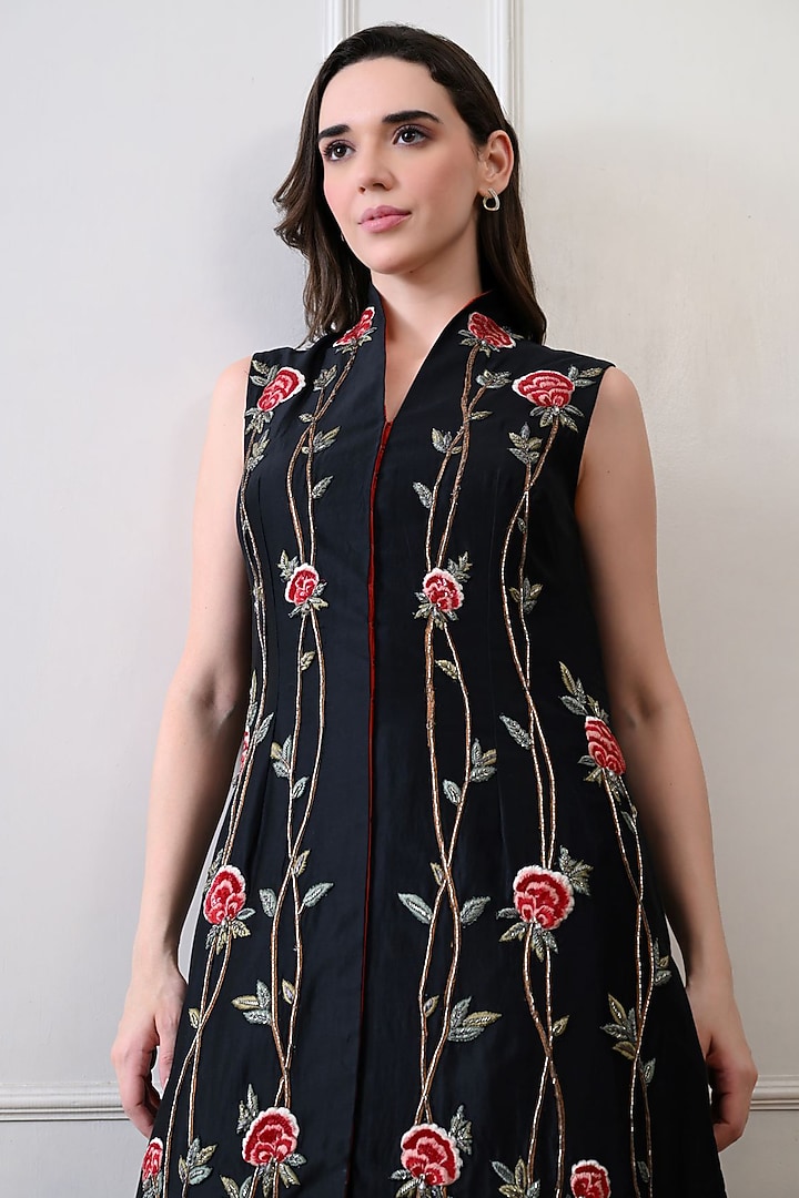 Black Net Silk Thread Embroidered Jacket Set by Samant Chauhan at Pernia's Pop Up Shop