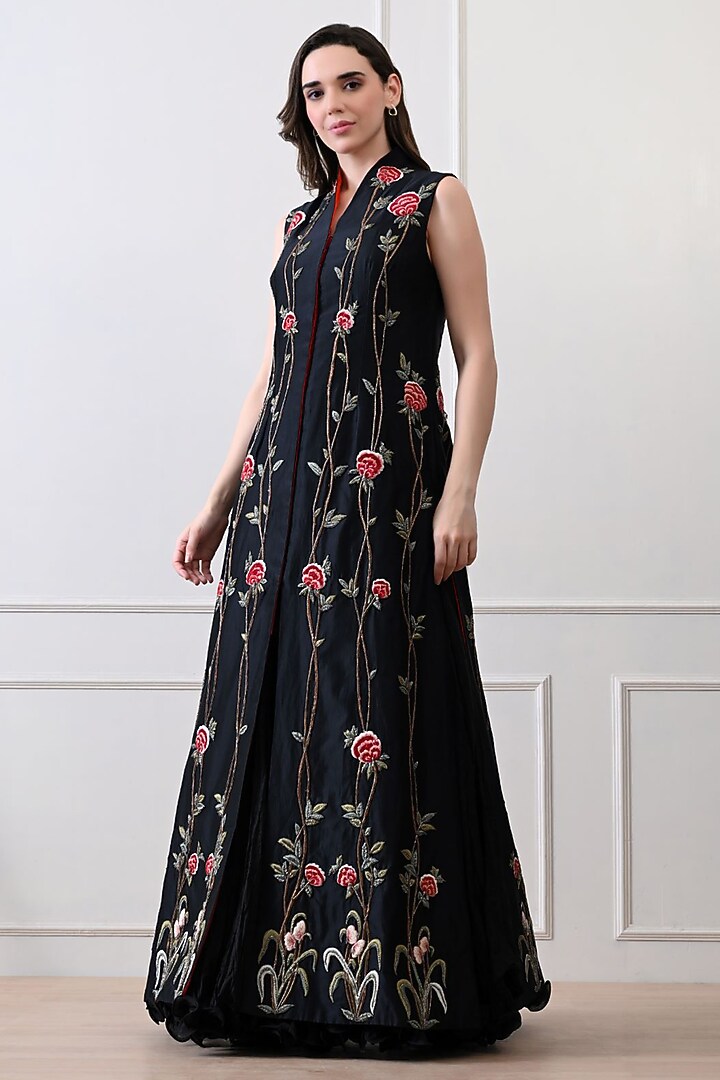 Black Net Silk Thread Embroidered Jacket Set by Samant Chauhan at Pernia's Pop Up Shop