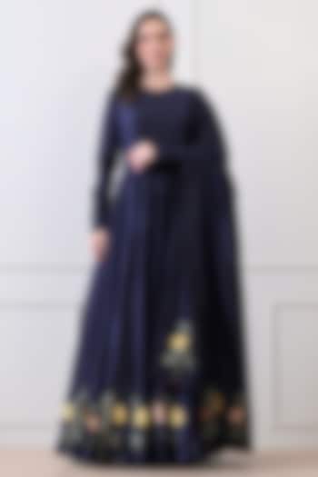 Blue Chanderi Silk Thread Work Wedding Anarkali Set by Samant Chauhan at Pernia's Pop Up Shop