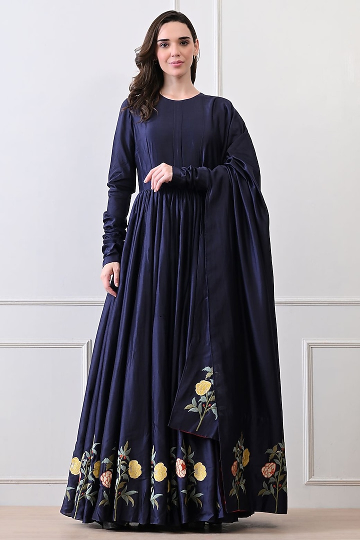 Blue Chanderi Silk Thread Work Wedding Anarkali Set by Samant Chauhan at Pernia's Pop Up Shop