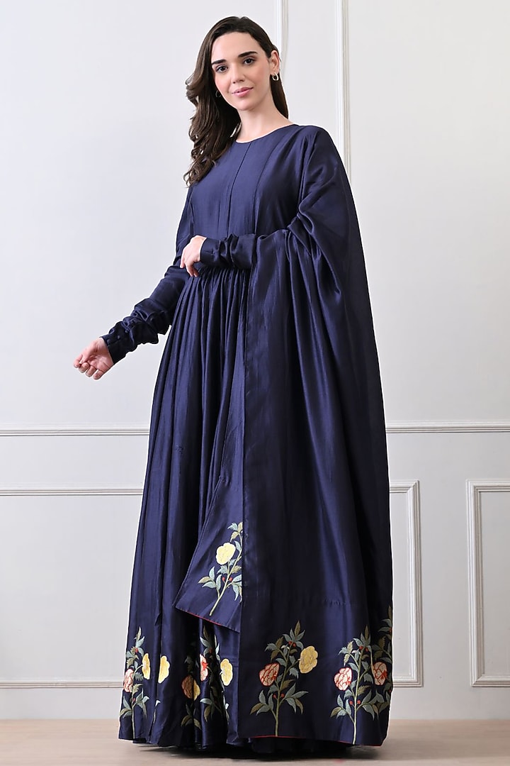 Blue Chanderi Silk Thread Work Wedding Anarkali Set by Samant Chauhan at Pernia's Pop Up Shop