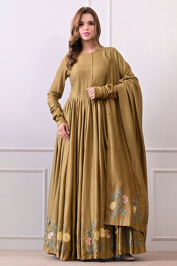Olive Colored Chanderi Silk Thread Work Wedding Anarkali Set by Samant Chauhan at Pernia's Pop Up Shop