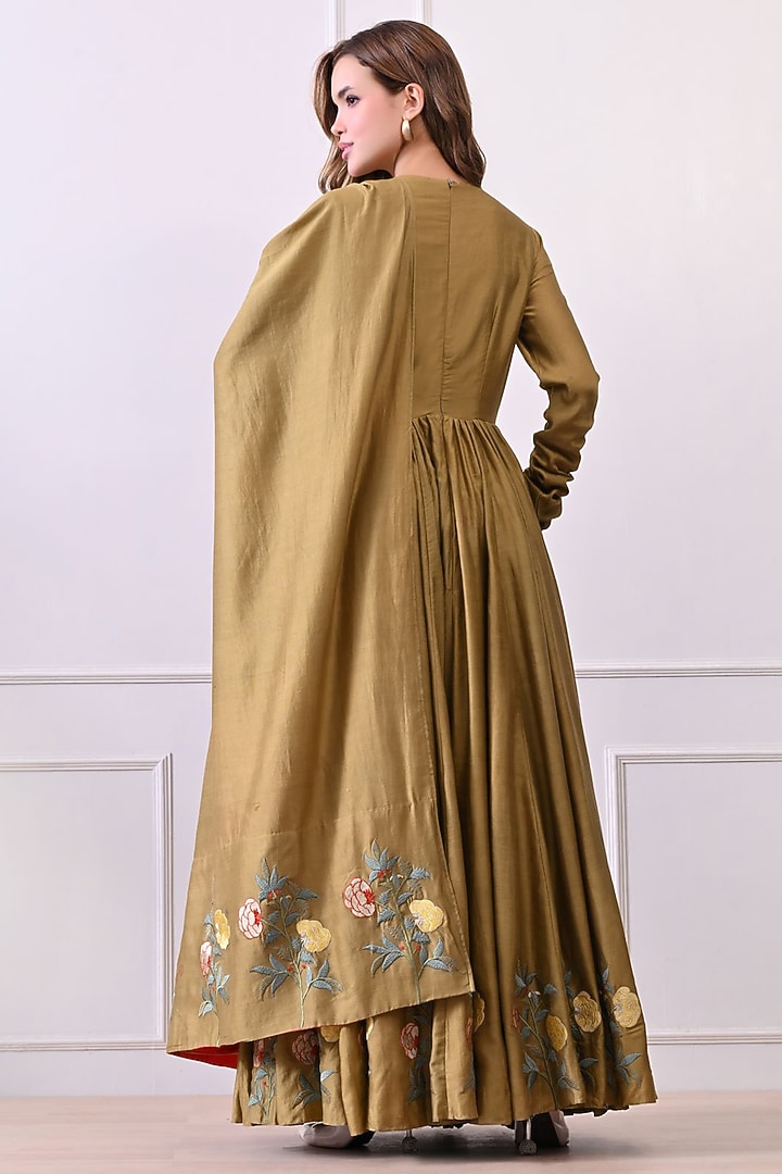 Olive Colored Chanderi Silk Thread Work Wedding Anarkali Set by Samant Chauhan at Pernia's Pop Up Shop