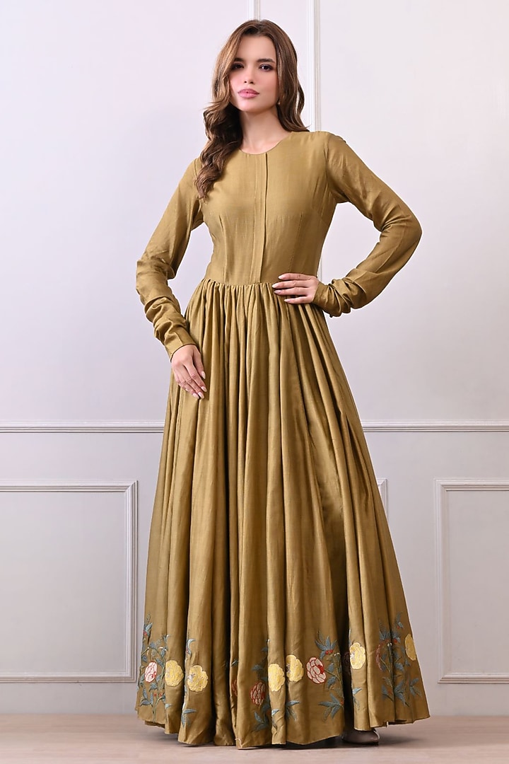 Olive Colored Chanderi Silk Thread Work Wedding Anarkali Set by Samant Chauhan at Pernia's Pop Up Shop