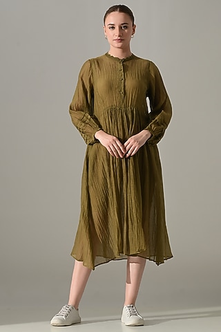 Olive Cotton Silk Dress by Samant Chauhan