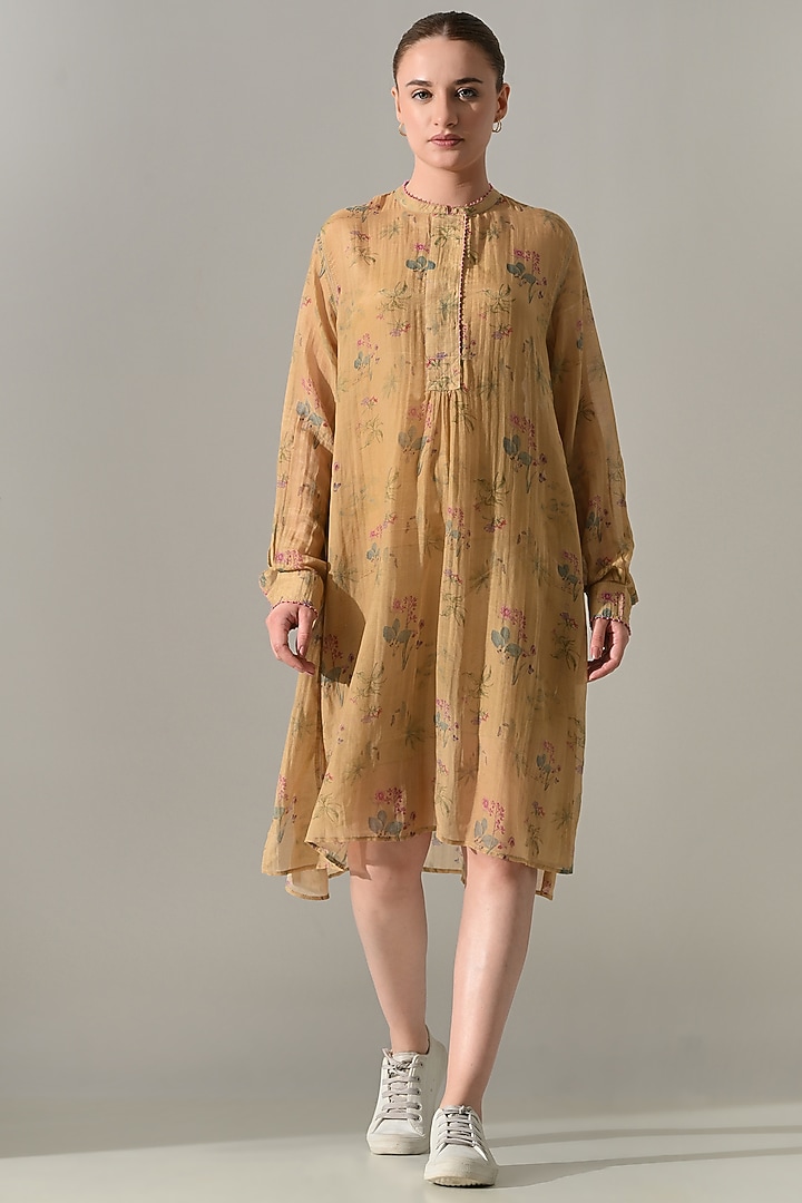 Beige Cotton Silk Floral Printed Tunic Vacation Dress by Samant Chauhan at Pernia's Pop Up Shop