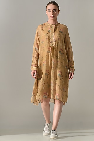 Beige Cotton Silk Floral Printed Tunic Dress by Samant Chauhan