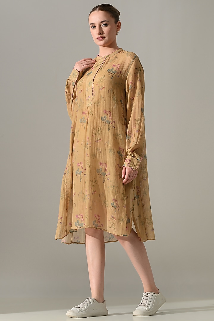 Beige Cotton Silk Floral Printed Tunic Vacation Dress by Samant Chauhan at Pernia's Pop Up Shop