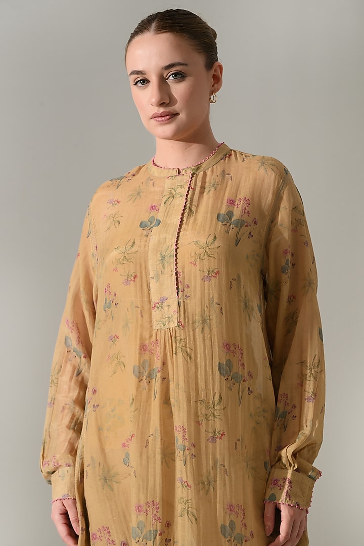 Beige Cotton Silk Floral Printed Tunic Vacation Dress by Samant Chauhan at Pernia's Pop Up Shop
