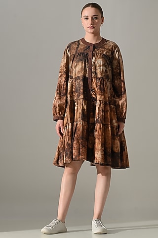 Brown Cotton Tie-Dye Tiered Dress by Samant Chauhan