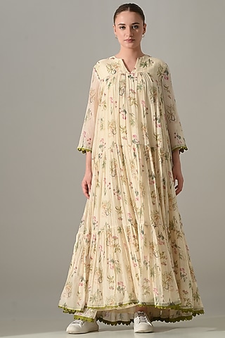 Cream Cotton Silk Floral Printed Tiered Dress by Samant Chauhan