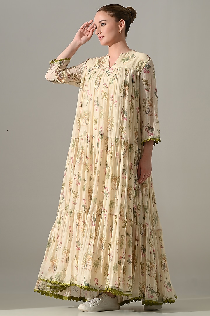 Cream Cotton Silk Floral Printed Tiered Vacation Dress by Samant Chauhan at Pernia's Pop Up Shop
