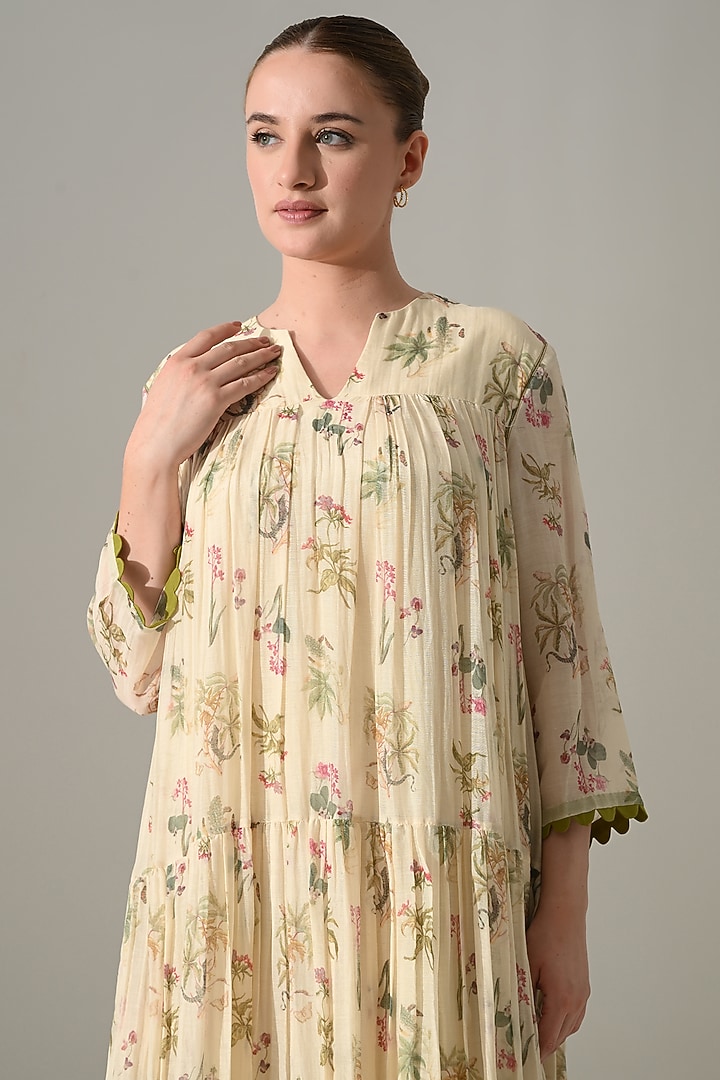 Cream Cotton Silk Floral Printed Tiered Vacation Dress by Samant Chauhan at Pernia's Pop Up Shop
