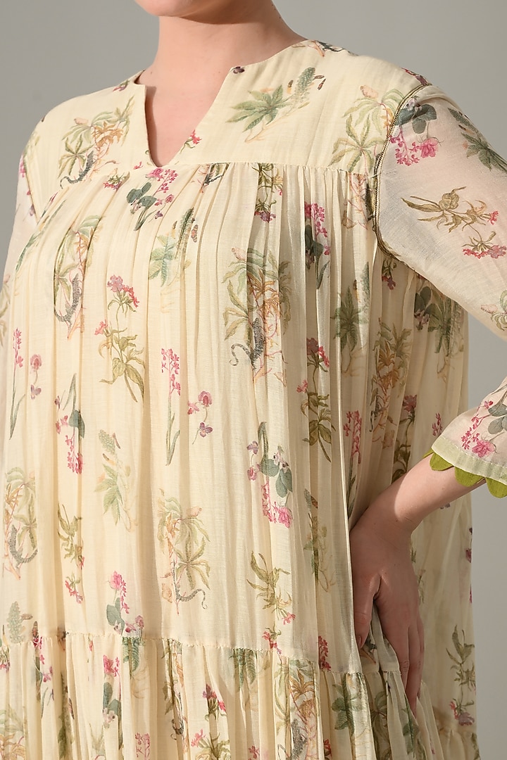 Cream Cotton Silk Floral Printed Tiered Vacation Dress by Samant Chauhan at Pernia's Pop Up Shop