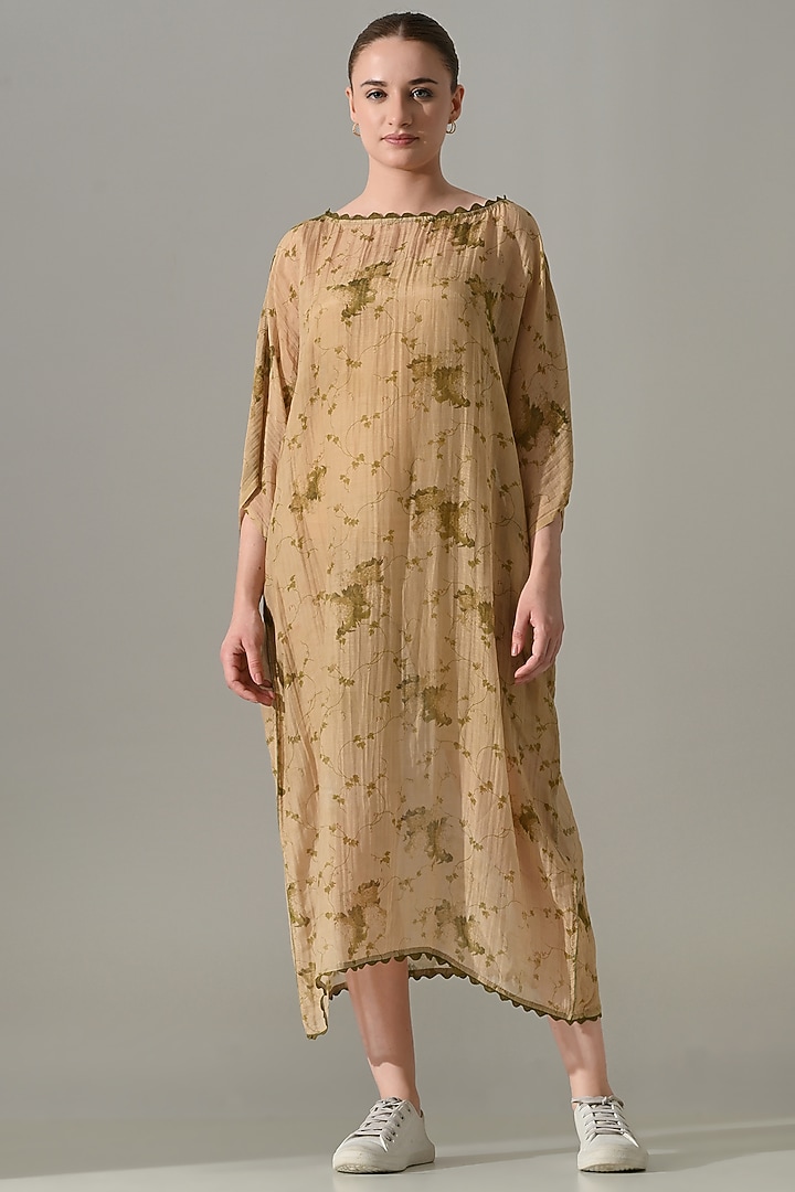Beige Cotton Silk Floral Printed Kaftan Vacation Dress by Samant Chauhan at Pernia's Pop Up Shop