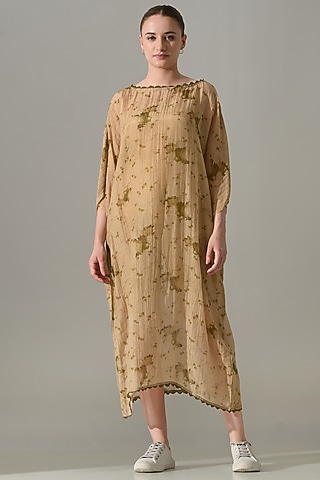 Beige Cotton Silk Floral Printed Kaftan Dress by Samant Chauhan