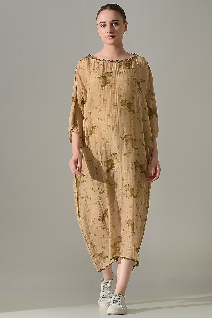Beige Cotton Silk Floral Printed Kaftan Vacation Dress by Samant Chauhan at Pernia's Pop Up Shop