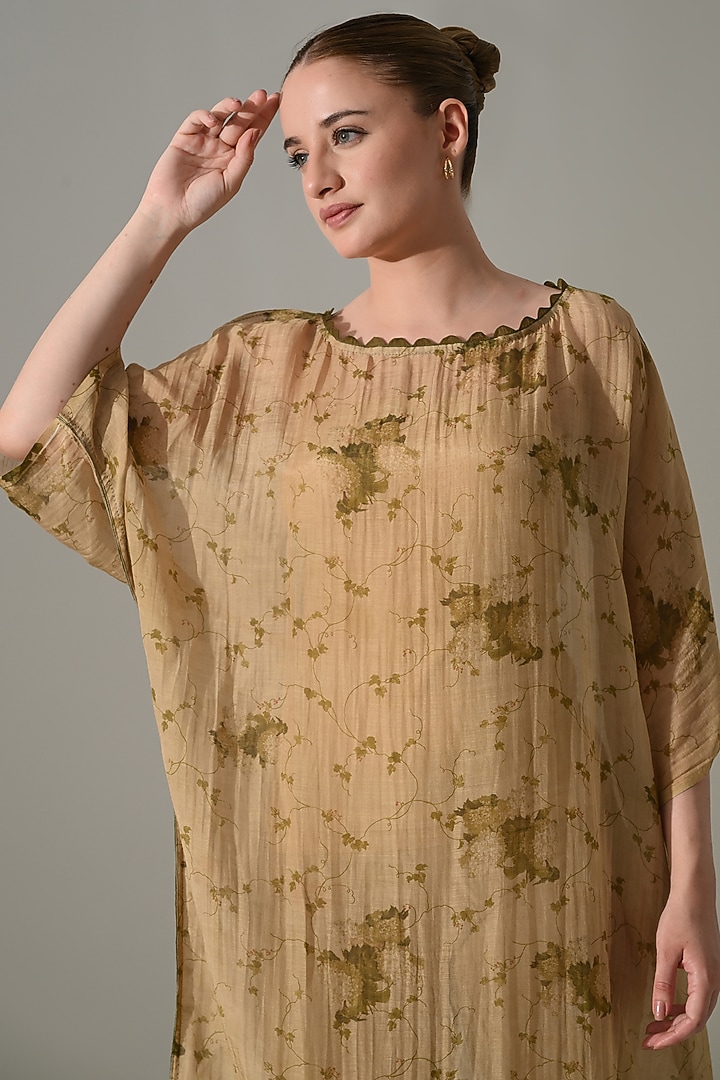 Beige Cotton Silk Floral Printed Kaftan Vacation Dress by Samant Chauhan at Pernia's Pop Up Shop