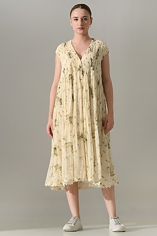 Cream Cotton Silk Printed Dress by Samant Chauhan