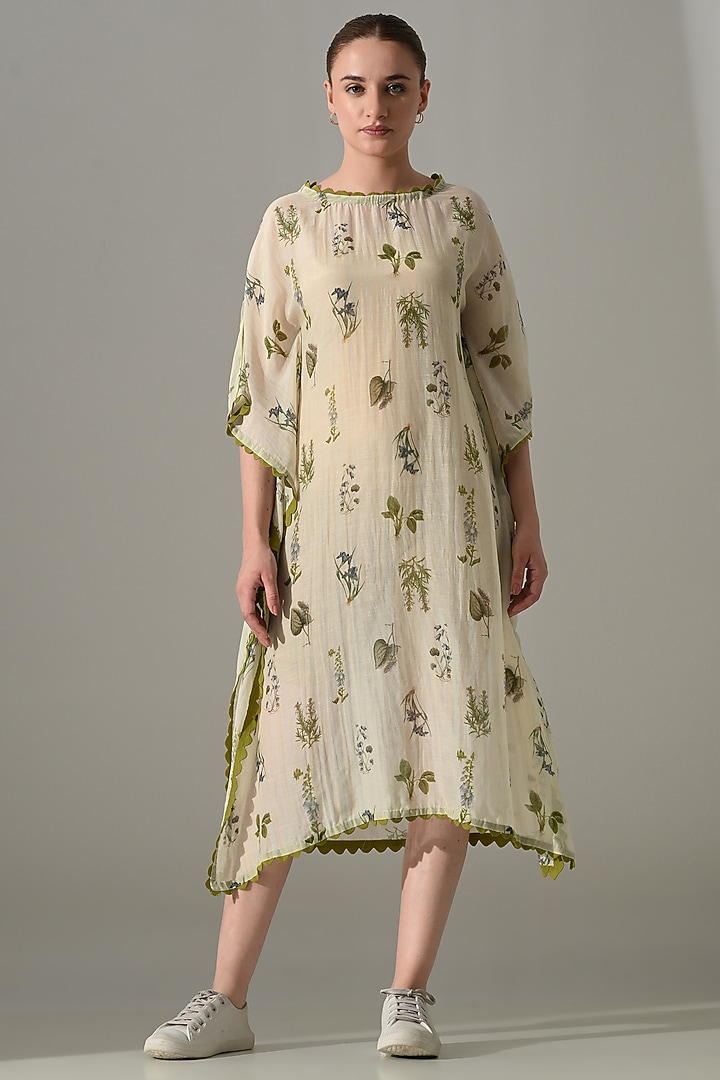 Beige Cotton Silk Floral Printed Kaftan Vacation Dress by Samant Chauhan at Pernia's Pop Up Shop