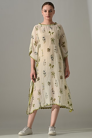 Beige Cotton Silk Floral Printed Kaftan Dress by Samant Chauhan