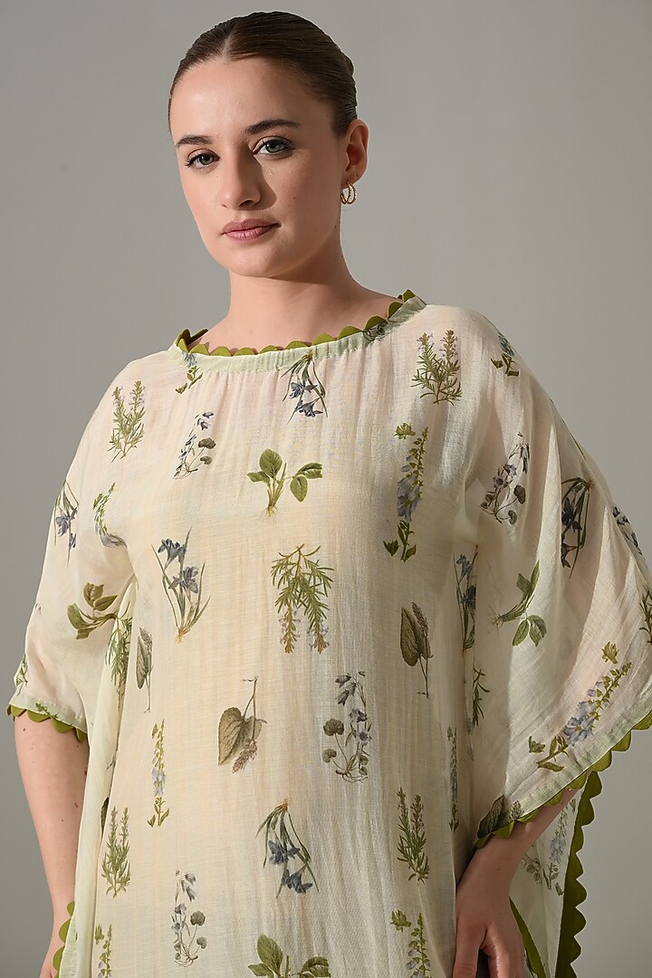 Beige Cotton Silk Floral Printed Kaftan Vacation Dress by Samant Chauhan at Pernia's Pop Up Shop