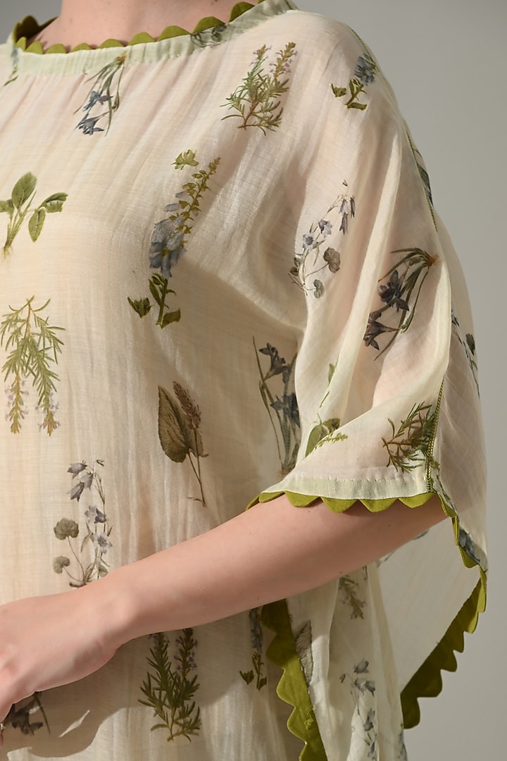 Beige Cotton Silk Floral Printed Kaftan Vacation Dress by Samant Chauhan at Pernia's Pop Up Shop