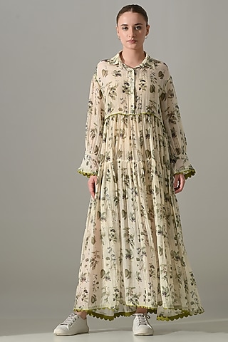 Cream Cotton Silk Printed Dress by Samant Chauhan