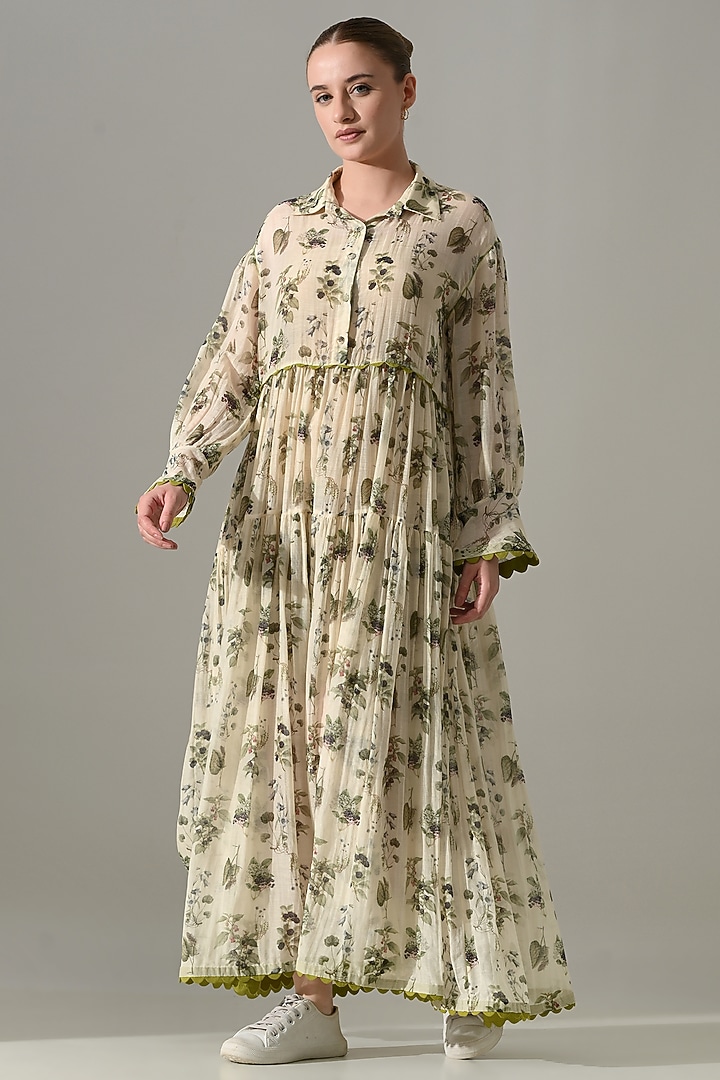 Cream Cotton Silk Printed Vacation Dress by Samant Chauhan at Pernia's Pop Up Shop
