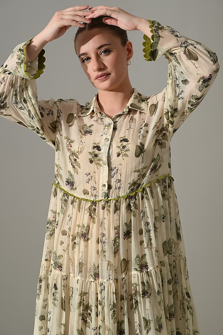 Cream Cotton Silk Printed Vacation Dress by Samant Chauhan at Pernia's Pop Up Shop
