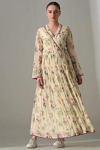 Cream Cotton Silk Floral Printed Wrap Dress by Samant Chauhan