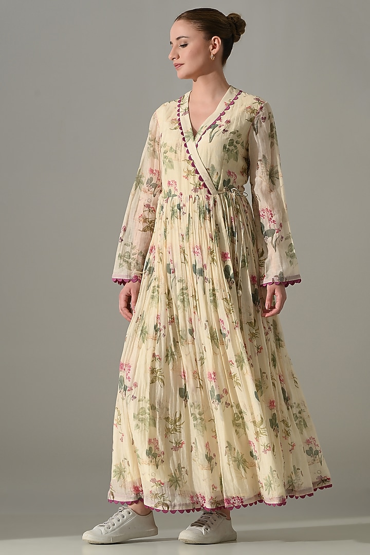 Cream Cotton Silk Floral Printed Wrap Vacation Dress by Samant Chauhan at Pernia's Pop Up Shop