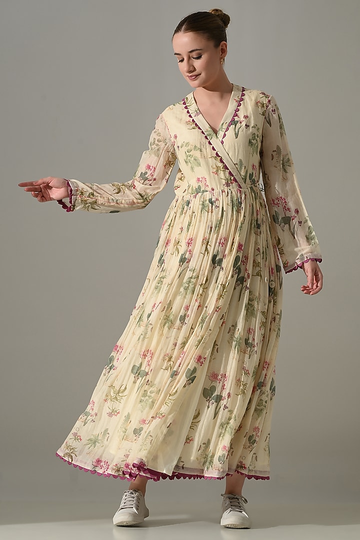 Cream Cotton Silk Floral Printed Wrap Vacation Dress by Samant Chauhan at Pernia's Pop Up Shop