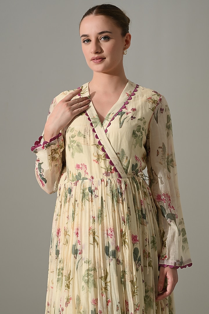 Cream Cotton Silk Floral Printed Wrap Vacation Dress by Samant Chauhan at Pernia's Pop Up Shop