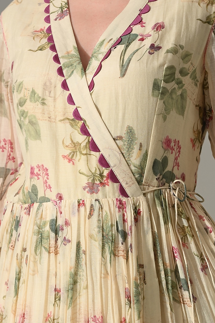 Cream Cotton Silk Floral Printed Wrap Vacation Dress by Samant Chauhan at Pernia's Pop Up Shop