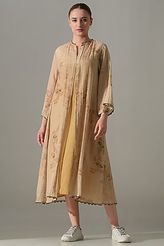Beige Cotton Silk Printed Jacket Dress by Samant Chauhan