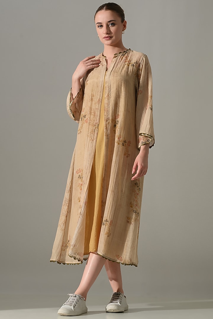 Beige Cotton Silk Printed Jacket Vacation Dress by Samant Chauhan at Pernia's Pop Up Shop