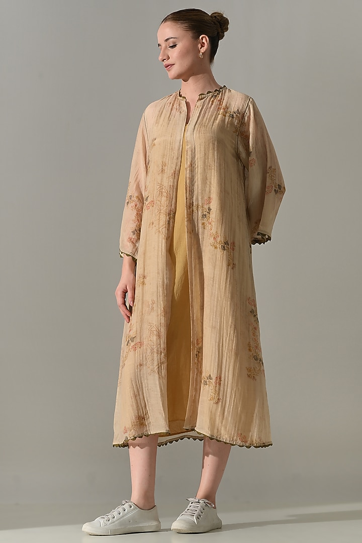 Beige Cotton Silk Printed Jacket Vacation Dress by Samant Chauhan at Pernia's Pop Up Shop