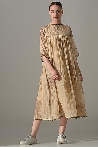 Beige Cotton Silk Floral Printed Midi Dress by Samant Chauhan