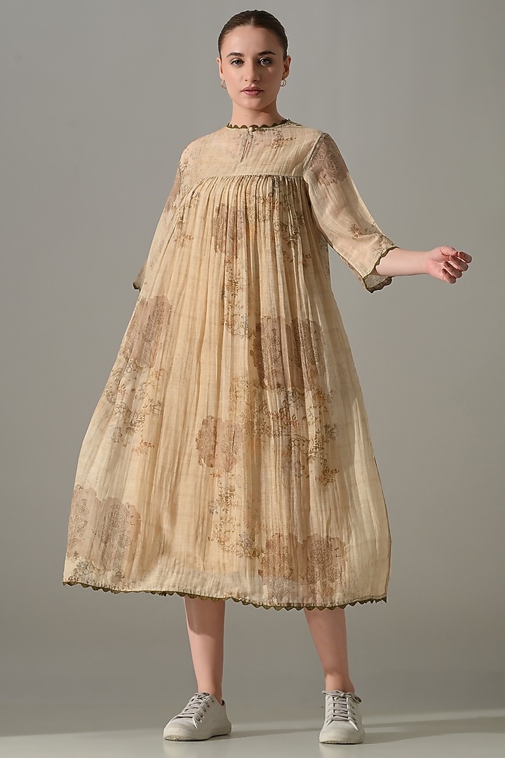Beige Cotton Silk Floral Printed Midi Vacation Dress by Samant Chauhan at Pernia's Pop Up Shop