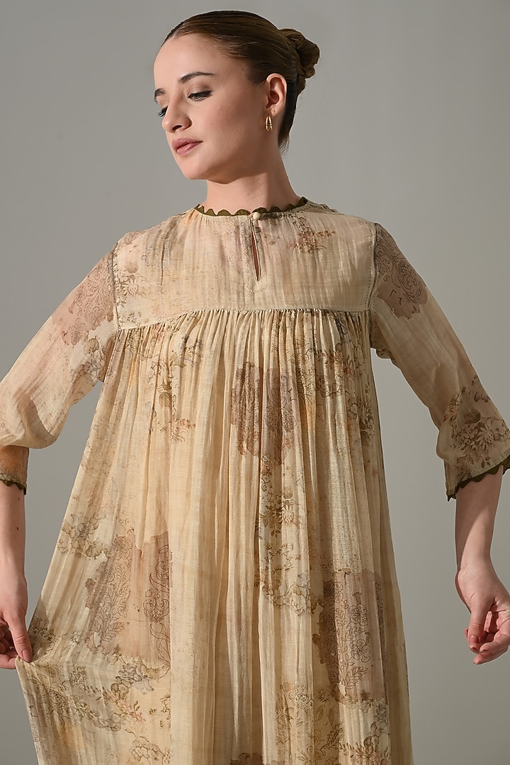 Beige Cotton Silk Floral Printed Midi Vacation Dress by Samant Chauhan at Pernia's Pop Up Shop