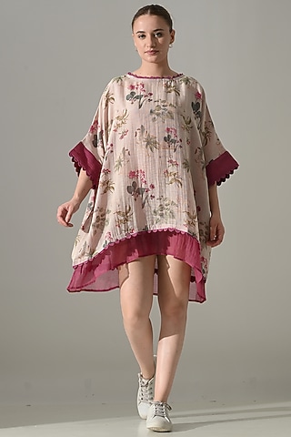 Pink Cotton Silk Floral Printed Kaftan Dress by Samant Chauhan