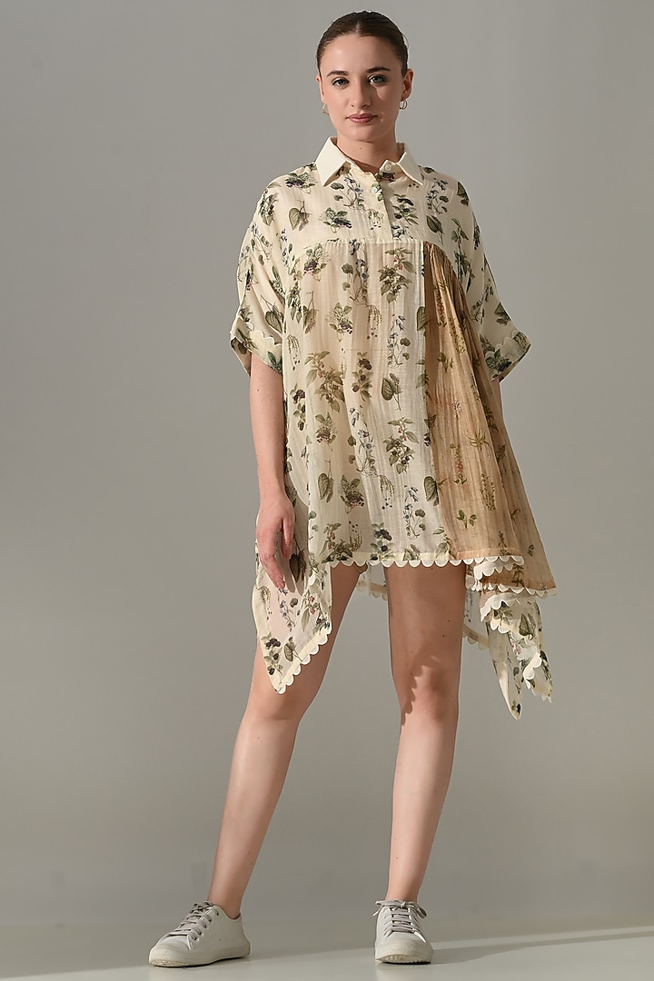Cream Cotton Silk Printed Asymmetric high-Low Tunic by Samant Chauhan at Pernia's Pop Up Shop