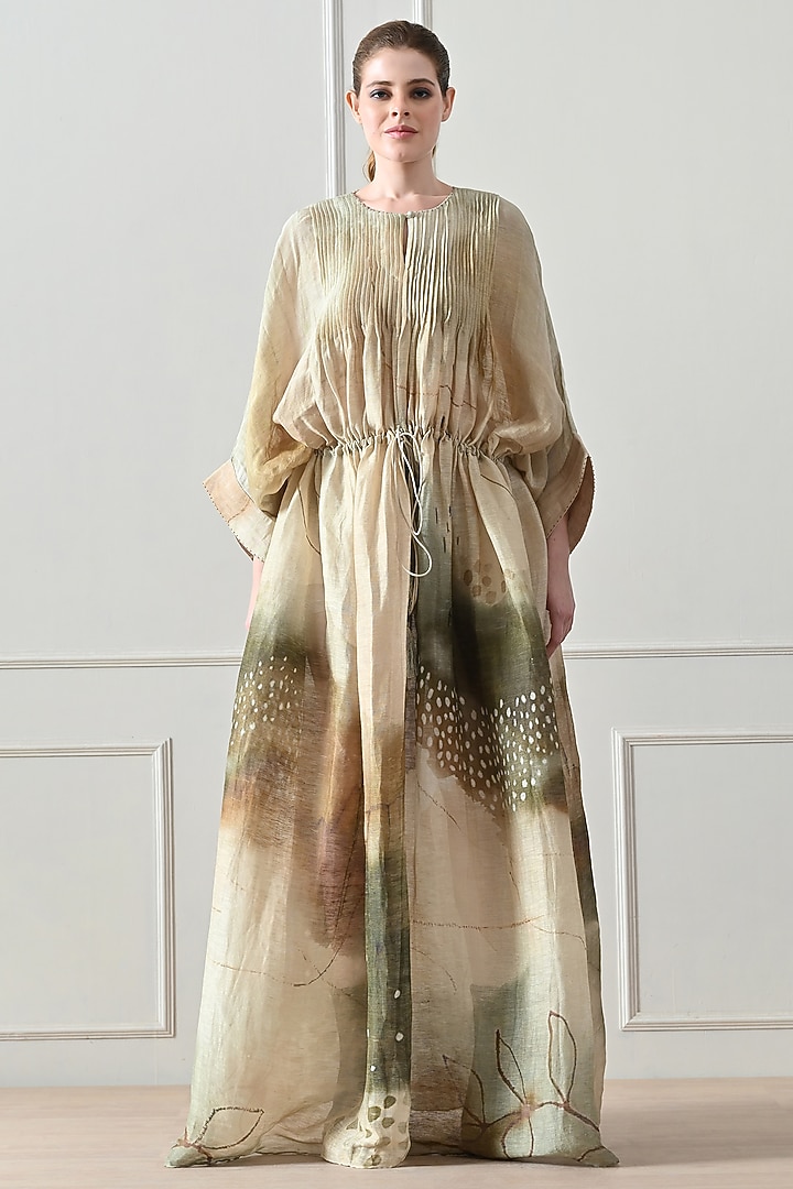 Beige Cotton Linen Printed Cocktail Dress by Samant Chauhan at Pernia's Pop Up Shop